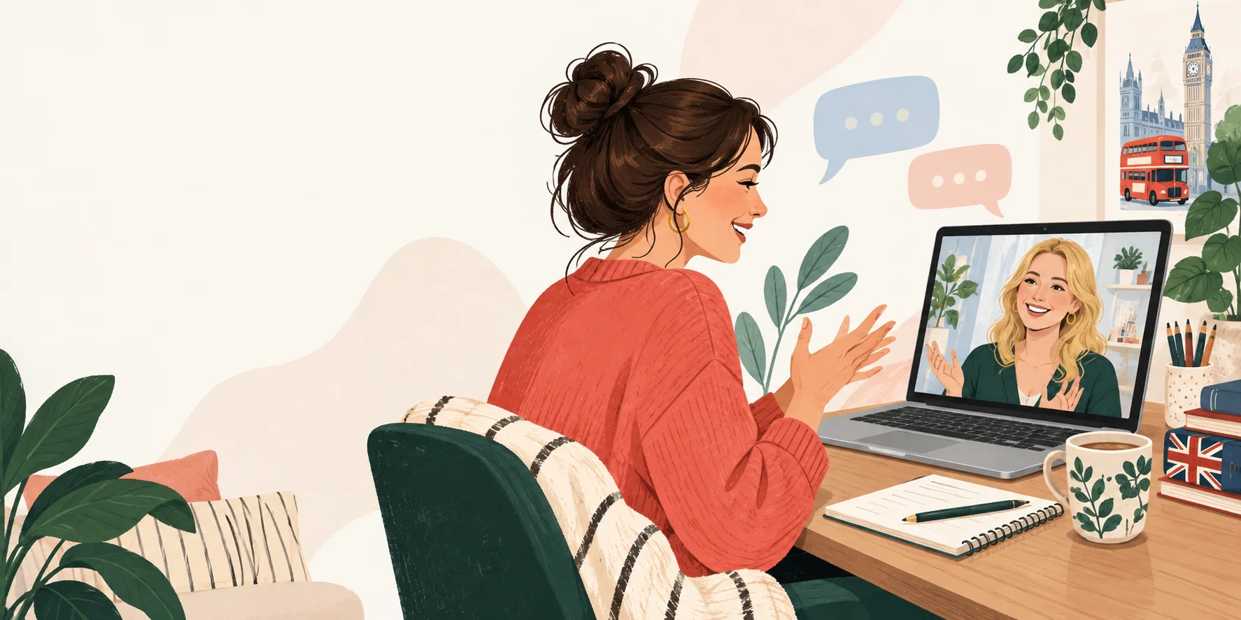 Ilustracja swobodnej lekcji angielskiego online